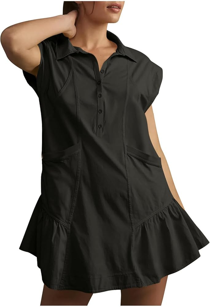 Akklian Sweatshirt Dress Women Collar Neck Short Sleeve Patchwork Button up Shirt Dress Flowy Cas... | Amazon (US)