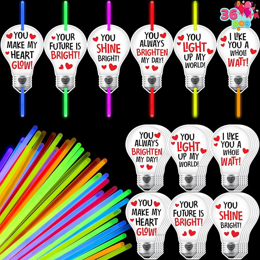 JOYIN 36 Packs Neon Valentines Day Gift Bulb Cards with Glow Sticks, Glow Necklaces for Valentine... | Amazon (US)