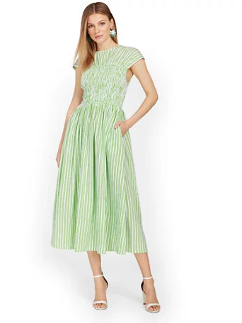 Striped Smocked Midi Dress - In The Beginning - New York & Company | New York & Company