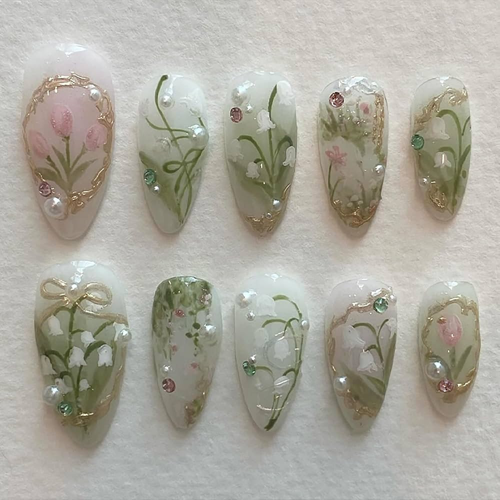 Green Press on Nails Medium Almond Fake Nails 3D Pearl Rhinestones Designs Gold French Tips Flowe... | Amazon (US)