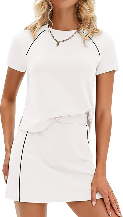 PRETTYGARDEN Women's 2026 Summer 2 Piece Skirt Sets Short Sleeve Shirts Tops Skorts Matching Work... | Amazon (US)