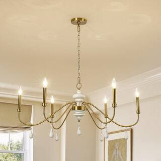 HUOKU Lincan 6-Light 38 in. W Antique Gold French Country Wood and Metal Chandelier for Dining Ro... | The Home Depot