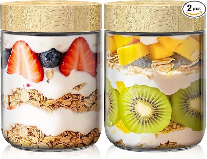 2 Pack 16oz Overnight Oats Containers with Bamboo Lids, Glass Jars with Airtight Lids for Meal Pr... | Amazon (US)