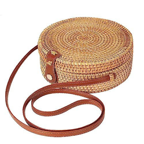 Woven Shoulder Bag Rattan Crossbody Bag for Women Round Rattan Bag Round Woven Shoulder Bag with Leather Strap and Buckle Fashionable Summer Beach Bag for Women Travel | Amazon (US)