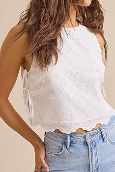 Side Tie Tops for Women Y2K Cute Floral Embroidered Crop Tank Top Trendy Going Out Summer Vest To... | Amazon (US)