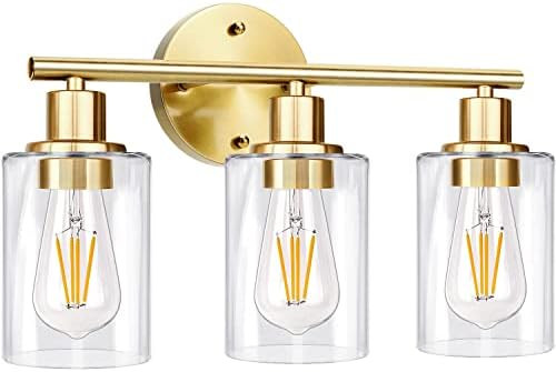 3-Light Gold Bathroom Light Fixtures, Modern Bathroom Vanity Light with Clear Glass Shade, Brushe... | Amazon (US)