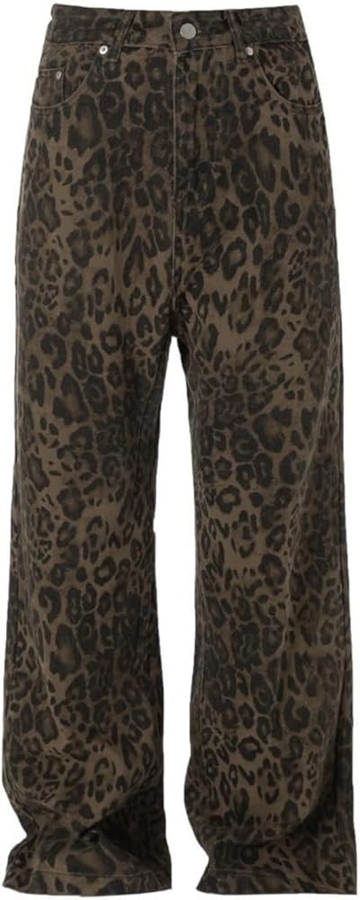 Y2K Leopard Jeans for Women - Baggy Unisex Cheetah Print Straight Leg Denim with Pockets, Casual ... | Amazon (US)