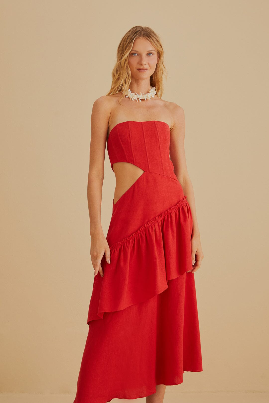 Red Cut Out Strapless Midi Dress | FarmRio (US)