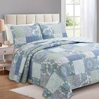 Blue Fleur-De-Lis Stylish Floral 3-Piece Aqua Blue Patchwork Cotton Queen Quilt Bedding Set | The Home Depot