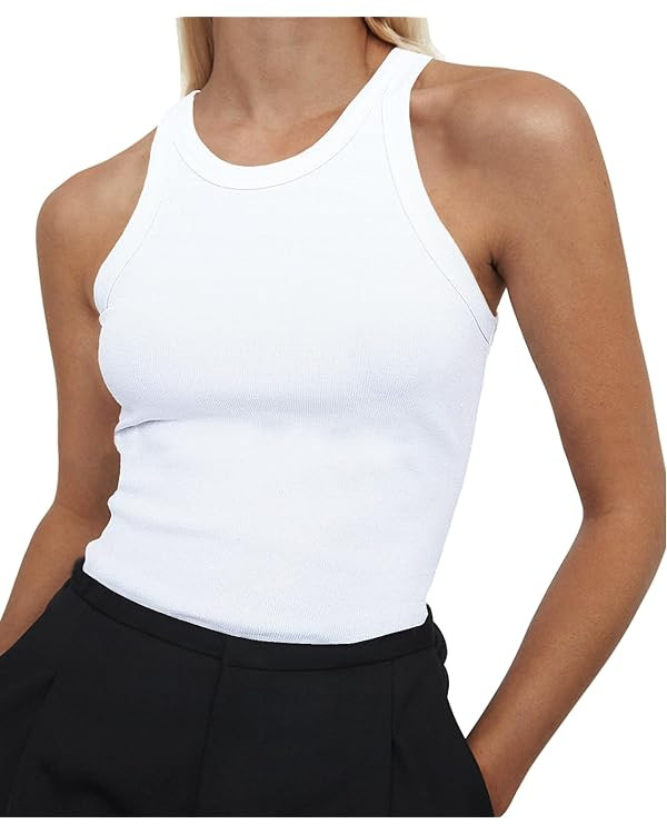Artfish Women's Sleeveless Full Length Ribbed Fitted Racerback Workout Crew High Neck Basic Tank ... | Amazon (US)