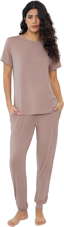 Joyaria Womens Short Sleeve Top Jogger Pants Pajamas Set Viscose Made From Bamboo | Amazon (US)
