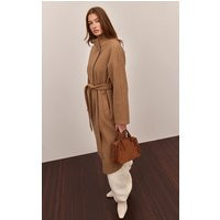 Camel High Neck Tie Waist Wool Look Maxi Coat | PrettyLittleThing UK