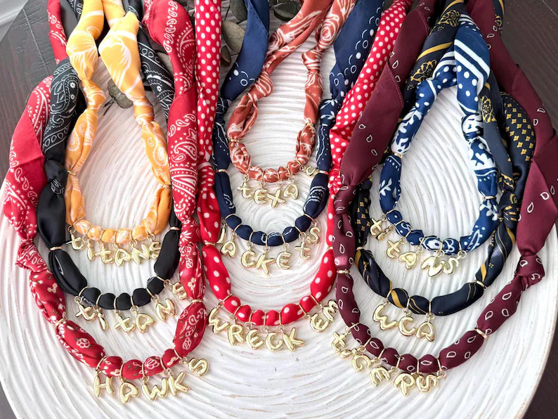 Personalized Silky Scarf Bandana Necklace, Gold Bubble Letter Charms, Game Day Accessory | Etsy (Global)