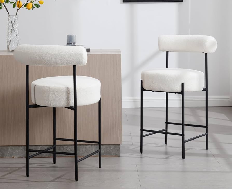 EALSON Sherpa Counter Height Bar Stools Set of 2 Modern Upholstered Barstools with Curved Open Ba... | Amazon (US)
