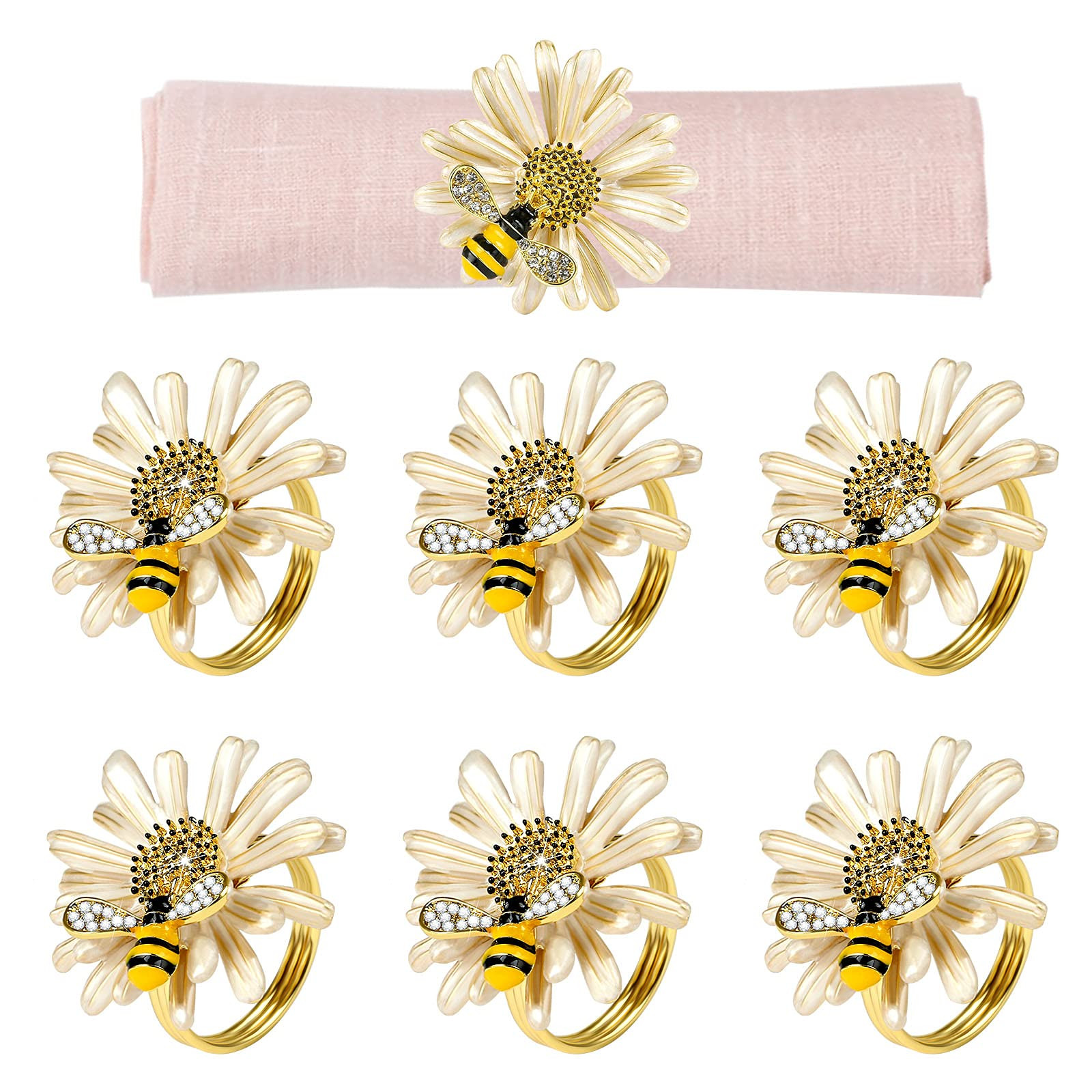 Kesote Daisy Sunflower Napkin Rings Set of 6, Gold Bee Napkin Ring Holders for Formal or Casual D... | Amazon (US)