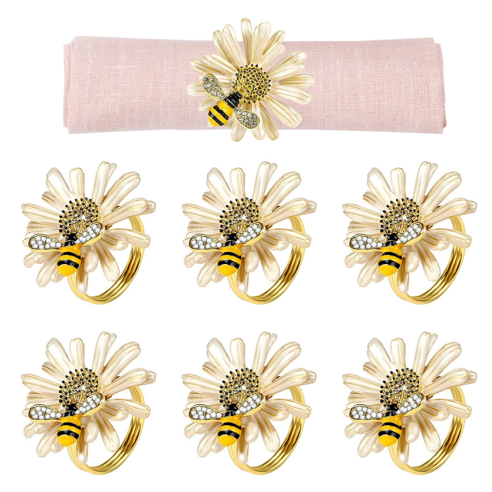Kesote Daisy Sunflower Napkin Rings Set of 6, Gold Bee Napkin Ring Holders for Formal or Casual D... | Amazon (US)