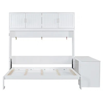 Queen Murphy Bed with Desk, Storage Shelves & Cabinets, White, Hydraulic Wall Bed | Wayfair North America
