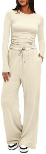 Darong Women's 2 Piece Outfits Lounge Sets 2026 Long Sleeve Tops Wide Leg Pants Casual Matching S... | Amazon (US)