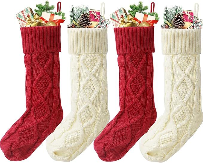 UHdod 18” Christmas Stockings Set of 4, Large Size Rustic Cable Knit Xmas Stocking Hanging Stoc... | Amazon (US)