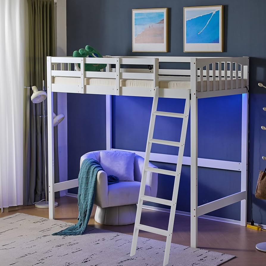 VINGLI Full Loft Bed with USB Charging Station/LED, Solid Wood Double Loft Bunk Bed with Flat Run... | Amazon (US)