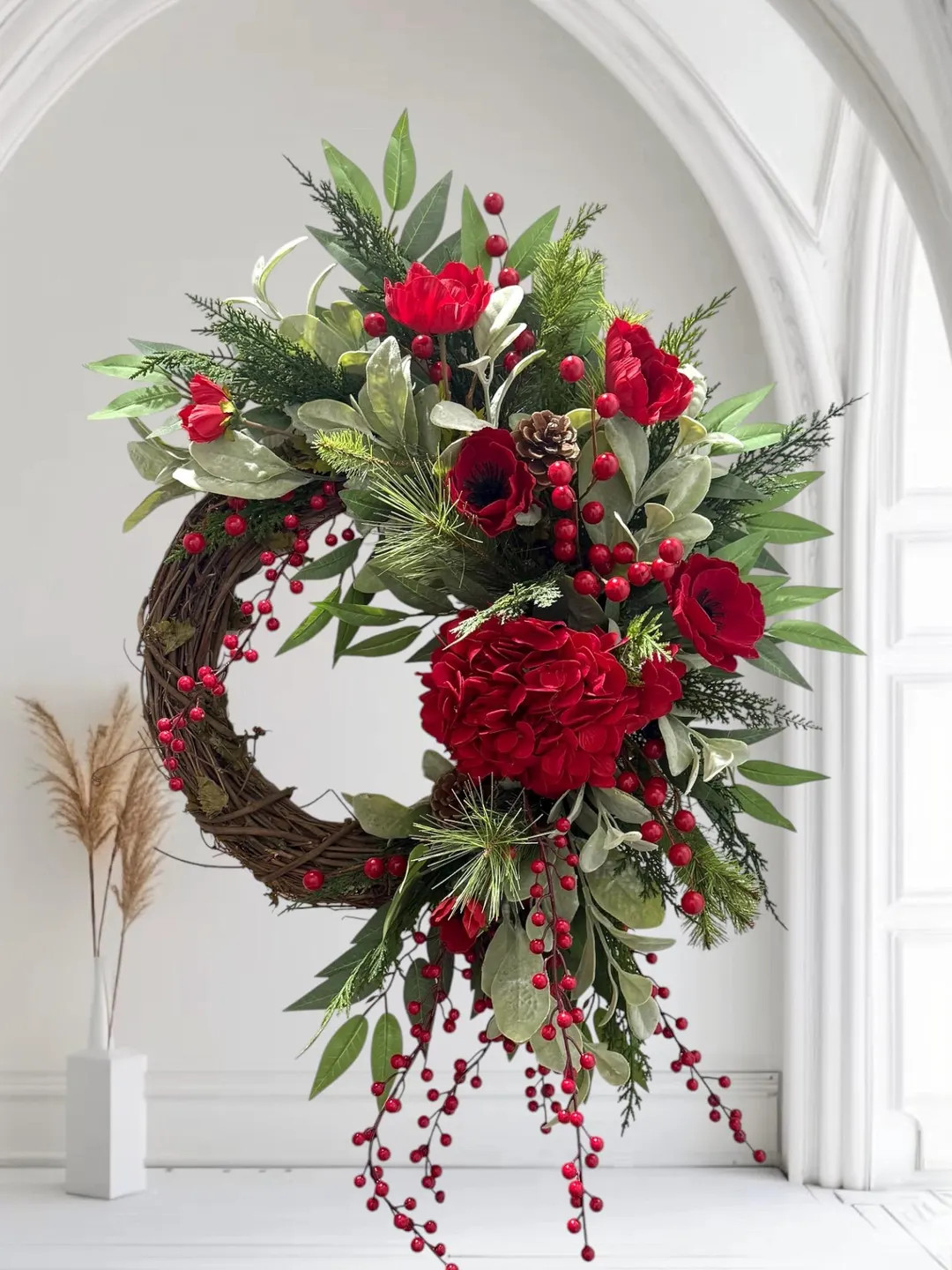 Christmas Wreath for Door/ Holiday Wreath / Winter Farmhouse Wreath/ Velvet Hydrangea Wreath / Ch... | Etsy (US)