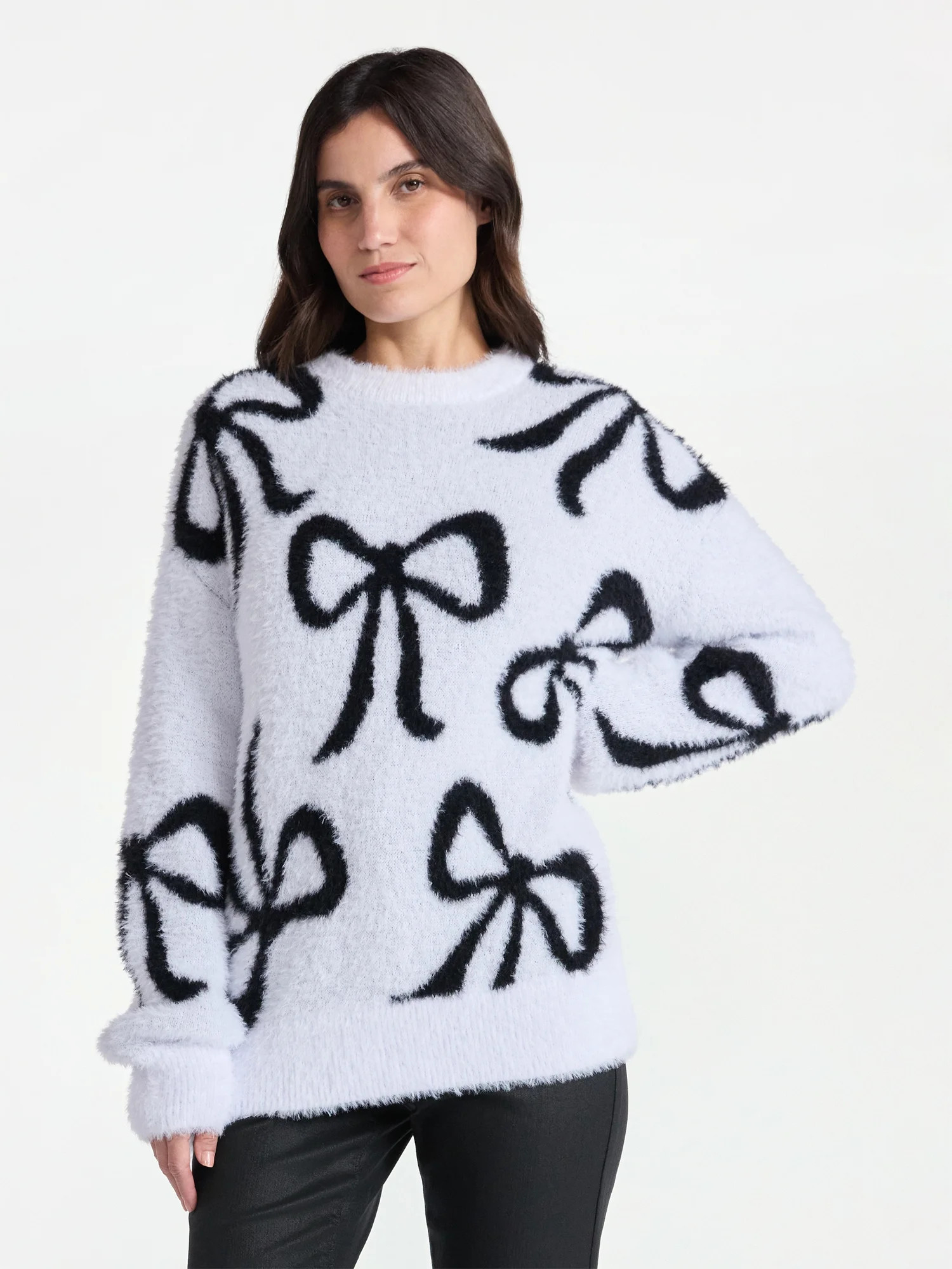 99 Jane Street Women's and Women's Plus Bow Print Pullover Sweater, Midweight, Sizes XS-4X | Walmart (US)