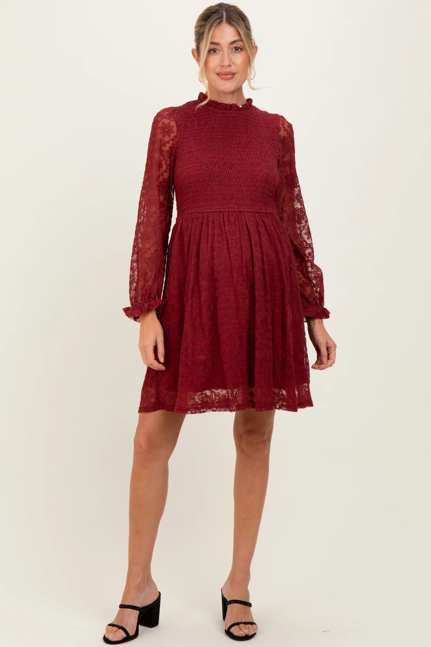Red Lace Smocked Long Sleeve Maternity Dress | PinkBlush Maternity
