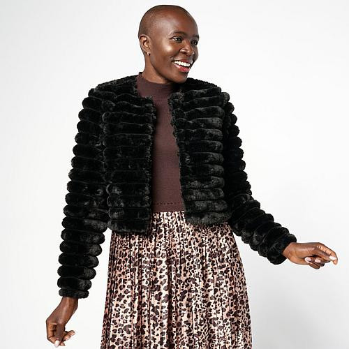 Nina Leonard Long Sleeve Faux Fur Bolero Top - Black - Size X-Small | HSN