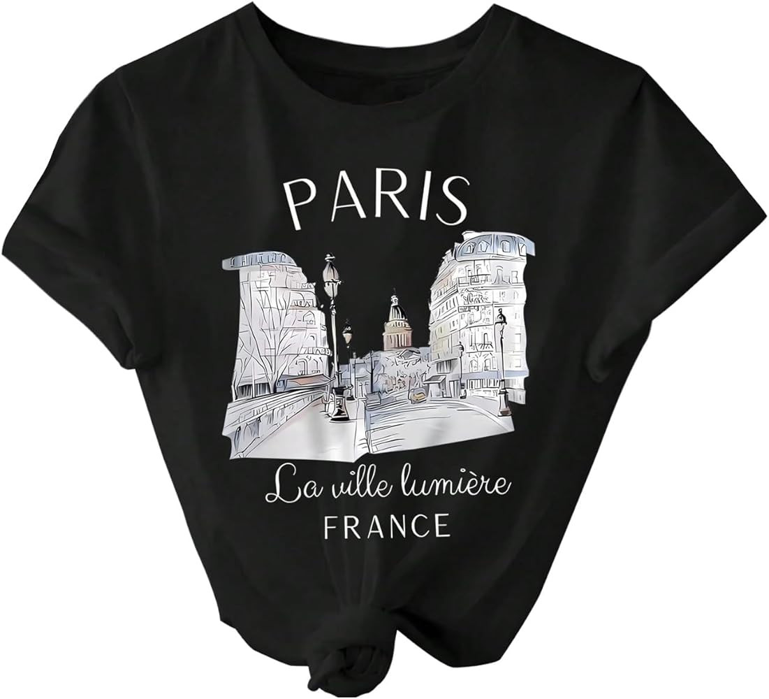 SweatyRocks Women's Paris Letter Graphic Tees Crew Neck Short Sleeve Casual T Shirt Tops | Amazon (US)