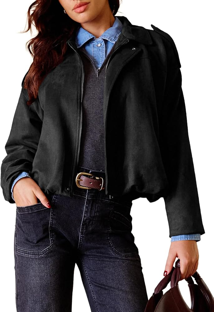 EVALESS Womens Faux Suede Bomber Jackets Long Sleeve Fall Coats Zip Up Cropped Jacket Trendy Wint... | Amazon (US)