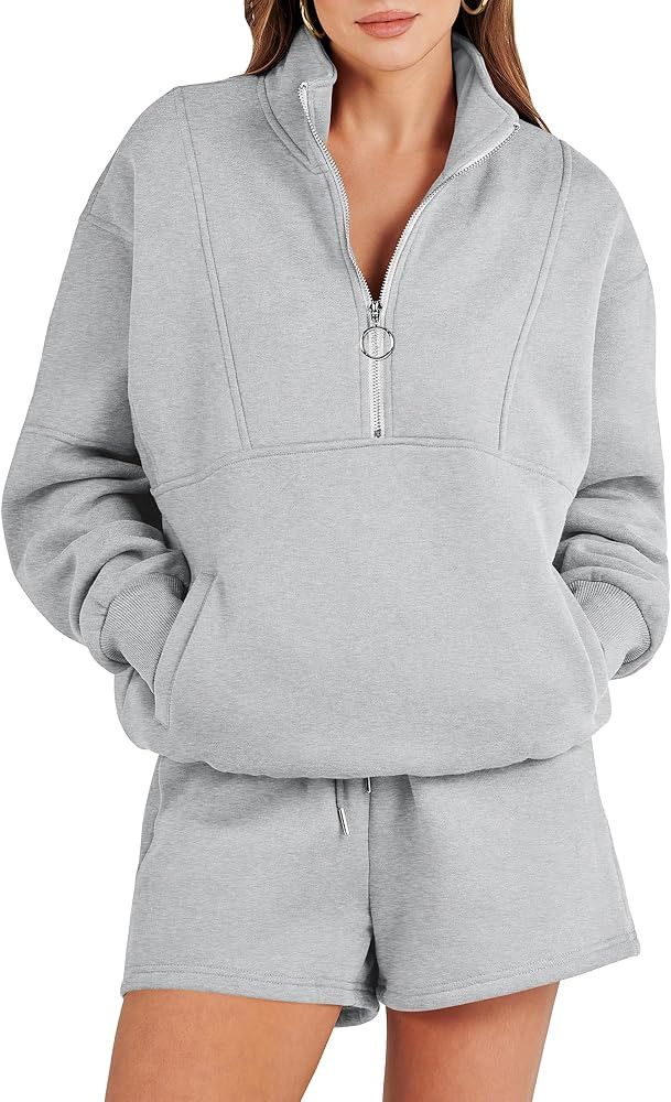 ANRABESS Women 2 Piece Outfits Sweatsuit Oversized Half Zip Collared Sweatshirt & Shorts Set Loun... | Amazon (US)