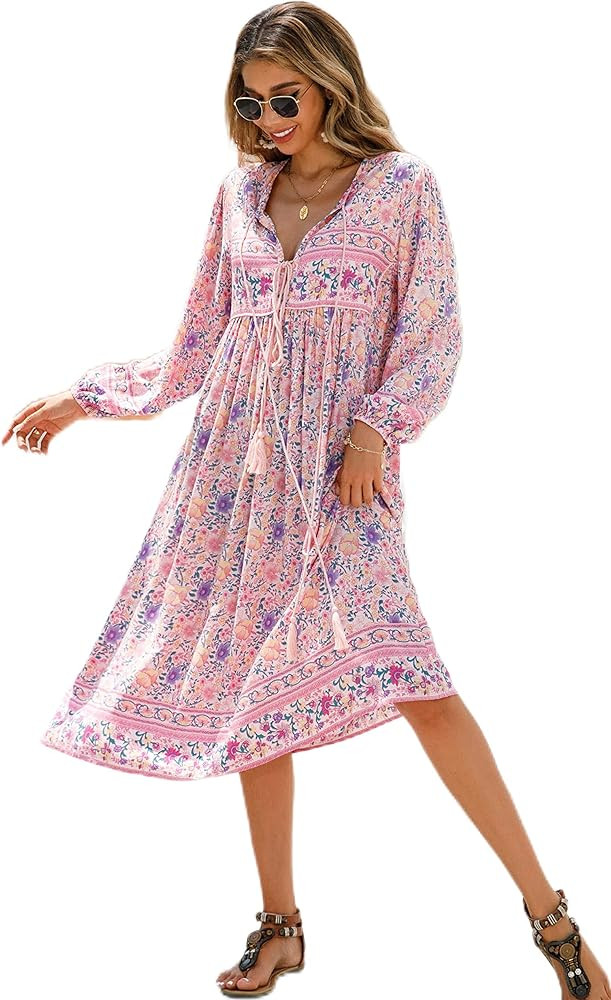R.Vivimos Women's Long Sleeve Floral Print Retro V Neck Tassel Bohemian Midi Dresses | Amazon (US)