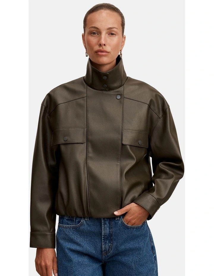 Forever NewAngela Funnel Neck Vegan Leather Bomber Jacket in Green | Myer