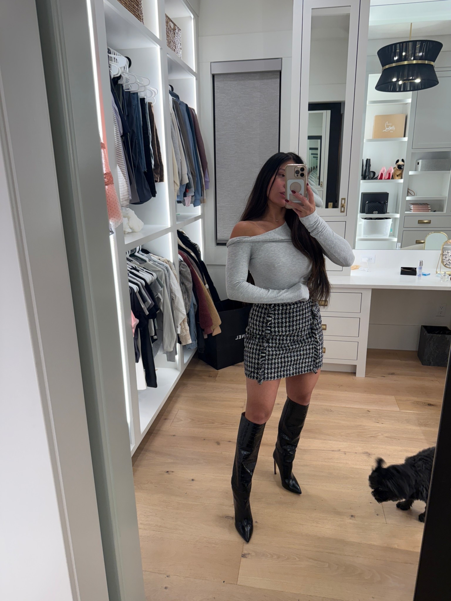 Obsessed with this outfit! Wearing the Off Shoulder Twist Long Sleeve in pearl gray. Linking these exact boots and a few others that I think would be so cute with this skirt.

#LTKStyleTip