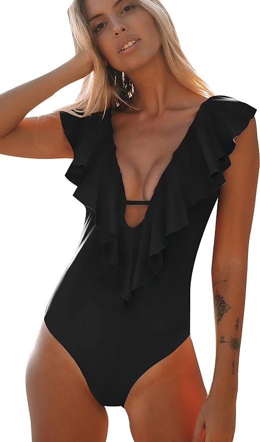 SPORLIKE Women One Piece Swimsuit V-Neck Ruffle Bathing Suit Padded Monokini | Amazon (US)