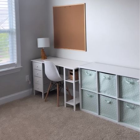 Progress update for boys’ shared bedroom! Cork board is in store at hobby lobby. The desk is linked on my Amazon Page. 