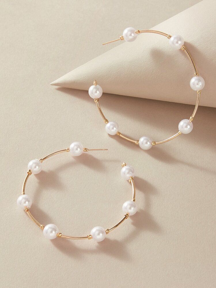 1pair Faux Pearl Decor Cuff Hoop Earrings | SHEIN