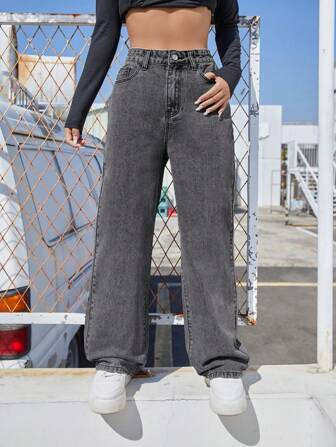 SHEIN EZwear Cintura Alta Perna Larga Jeans | SHEIN
