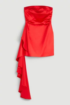 Italian Structured Satin Ruffle Drape Bandeau Mini Dress | Karen Millen UK + IE + DE + NL