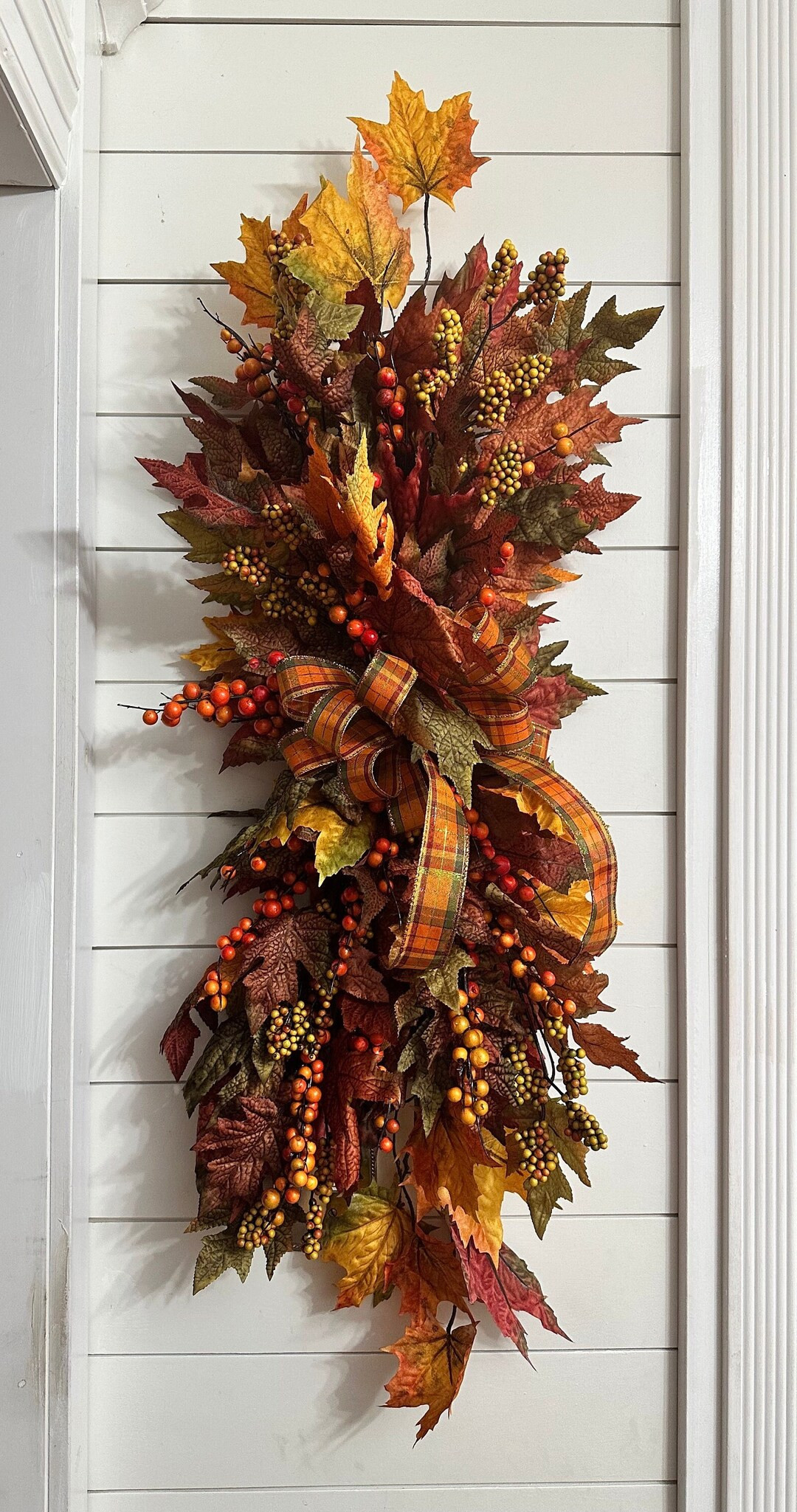 Fall leaf Swag, Autumn front door wreath, centerpiece arrangement, Wall hanging, Floral Fall swag... | Etsy (US)
