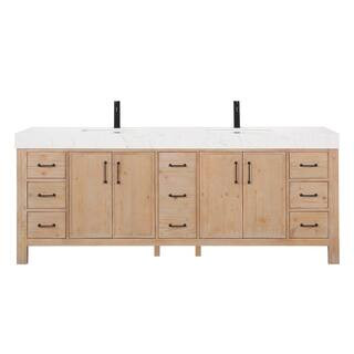 León 84 in.W x 22 in.D x 34 in.H Double Sink Bath Vanity in Fir Wood Brown with White Composite ... | The Home Depot