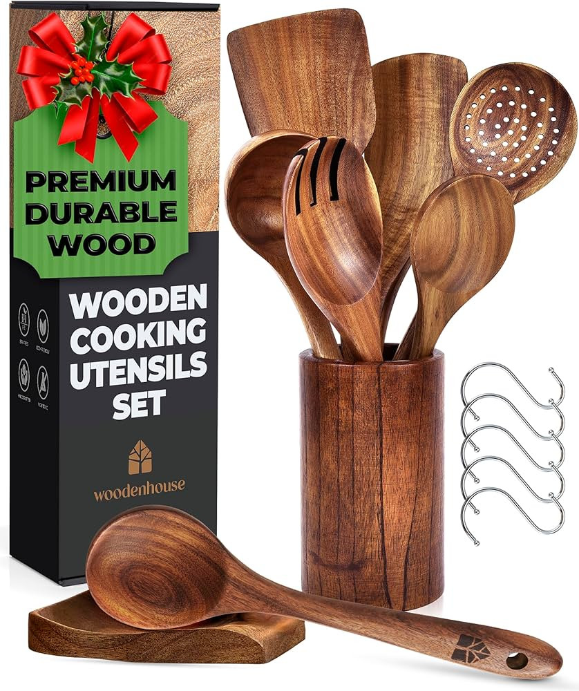 Wooden Spoons for Cooking, Wooden Cooking Utensils Set, Wooden Utensil Set with Holder, Spoon Res... | Amazon (US)