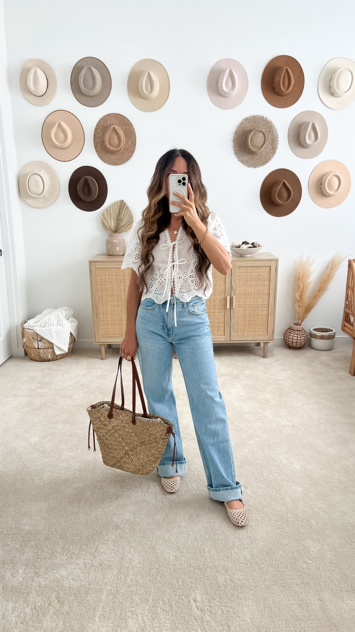 eyelet top outfit for spring: eyelet tie front top (size XS), wide leg jeans (size 24R—I’m 5ft) + woven ballet flats + basket bag | spring outfit, spring outfits, brunch outfit, casual outfit, date outfit, spring outfit ideas, spring outfits 2025, spring fashion 2025, spring fashion trends, casual spring outfit, casual spring outfits, eyelet top, eyelet blouse, tie front top, abercrombie jeans, wide leg jeans, wide legged jeans, ballet flats, ballet flat outfit, ballet flats shoes outfit, basket bag, sezane bag dupe, sezane justine bag dupe, straw bag, straw tote, Abercrombie, Amazon fashion, Amazon finds, Mango, neutral outfit, neutral fashion, petite outfit, petite fashion

#LTKPetite #LTKSaleAlert #LTKShoeCrush #LTKItBag #LTKStyleTip #LTKFindsUnder50 #LTKFindsUnder100 #LTKTravel #LTKSeasonal 