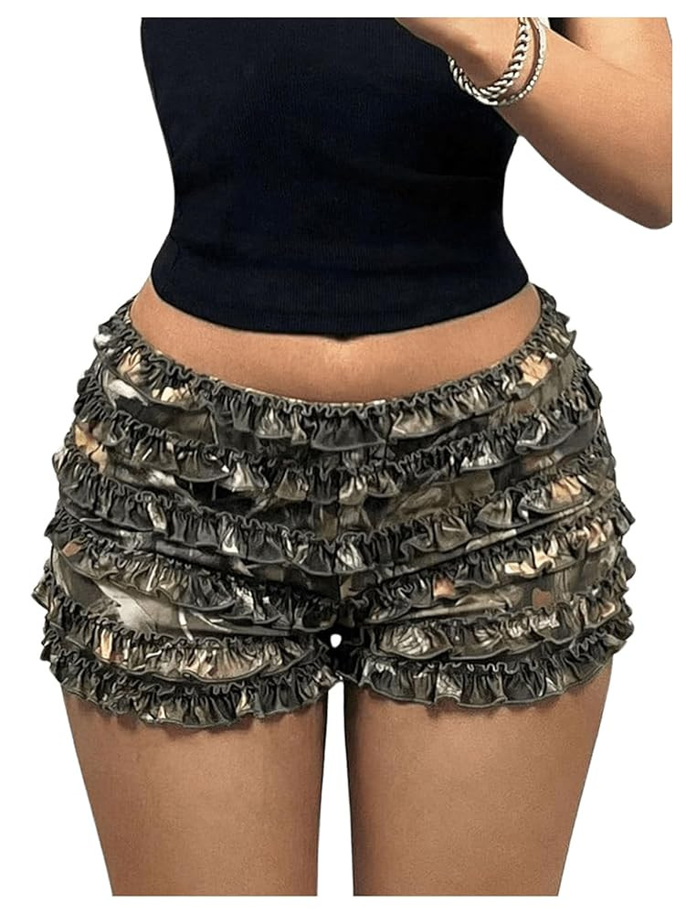 Verdusa Women's Camo Bloomers Shorts Low Waist Layered Ruffled Graphic Mini Shorts | Amazon (US)