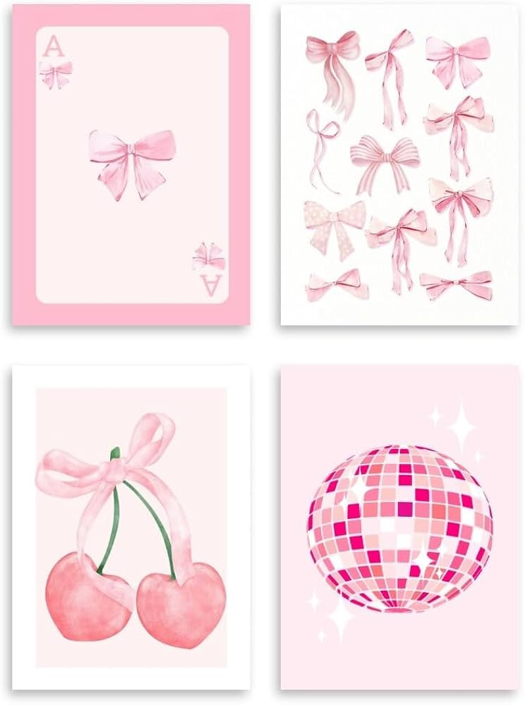 Pink Trendy Coquette Preppy Wall Art Prints Set of 4 Girly Room Decor Pink Bow Disco Ball Cherry ... | Amazon (US)