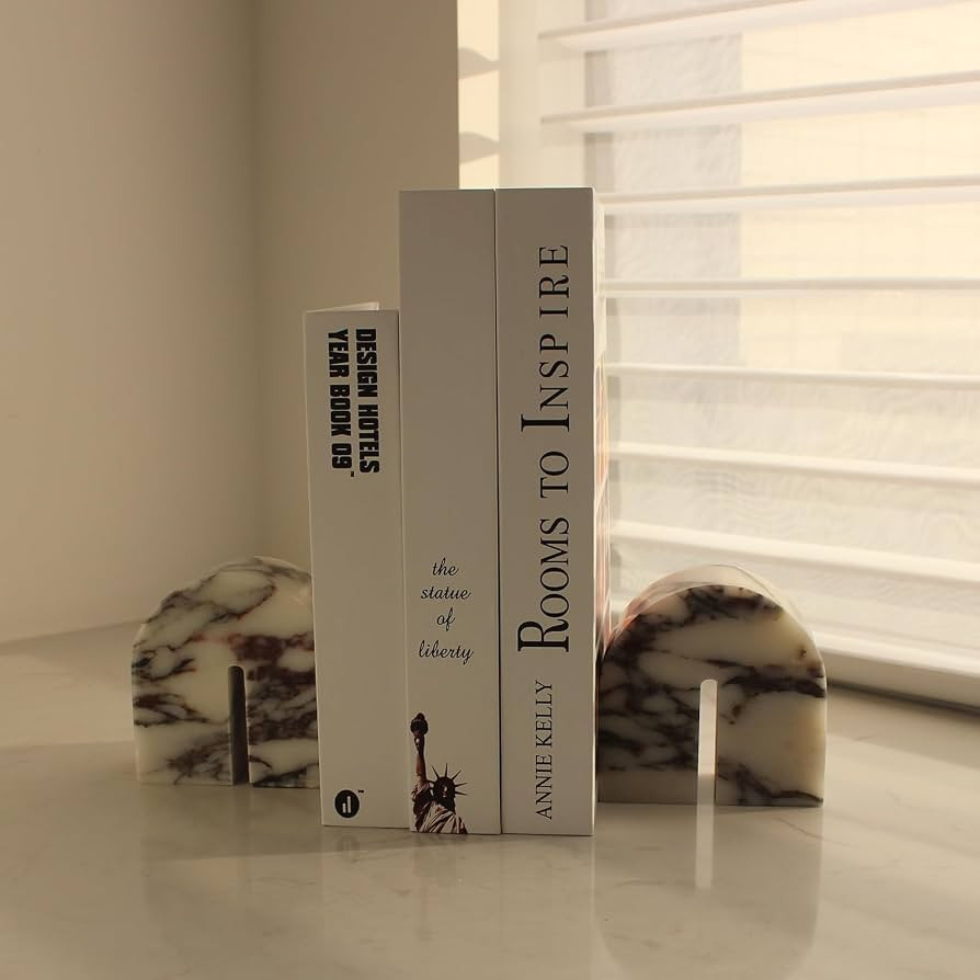 Set of 2 Natural Calacatta Viola Marble Bookends for Shelves, Decorative Book Ends for Heavy Book... | Amazon (US)