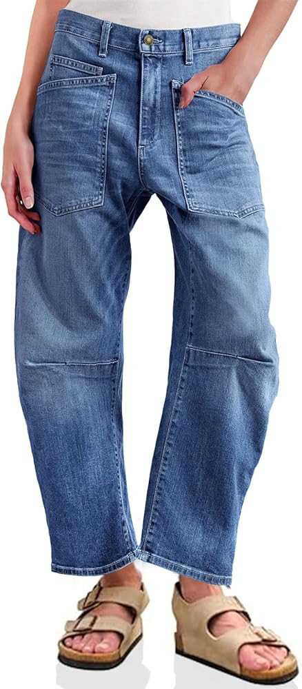 PLNOTME Womens Baggy Barrel Jeans Boyfriend High Waisted Wide Leg Cropped Ankle Denim Pants | Amazon (US)