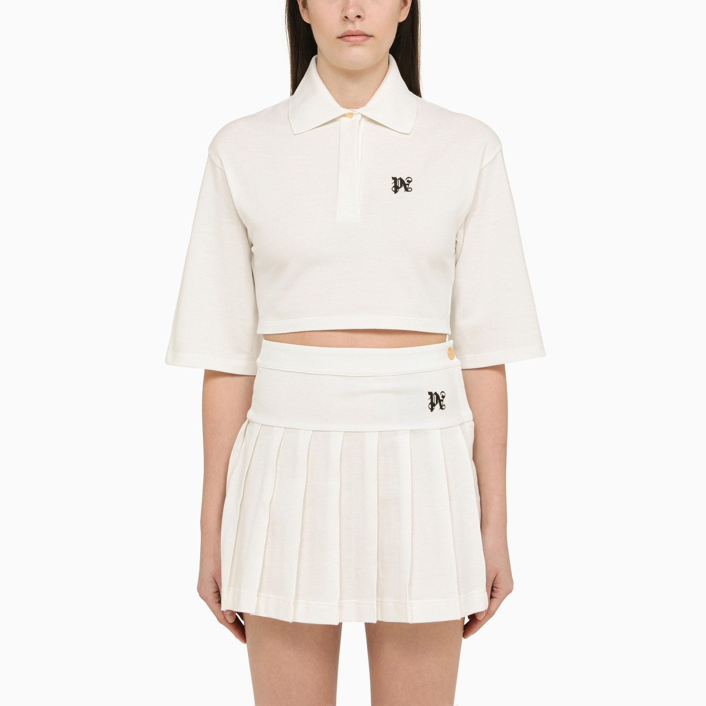 White cotton cropped polo shirt with logo | The Double F