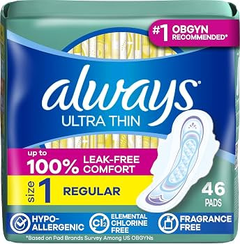 Always Ultra Thin Feminine Pads with Wings for Women, Size 1, Regular Absorbency, Unscented, Up t... | Amazon (US)