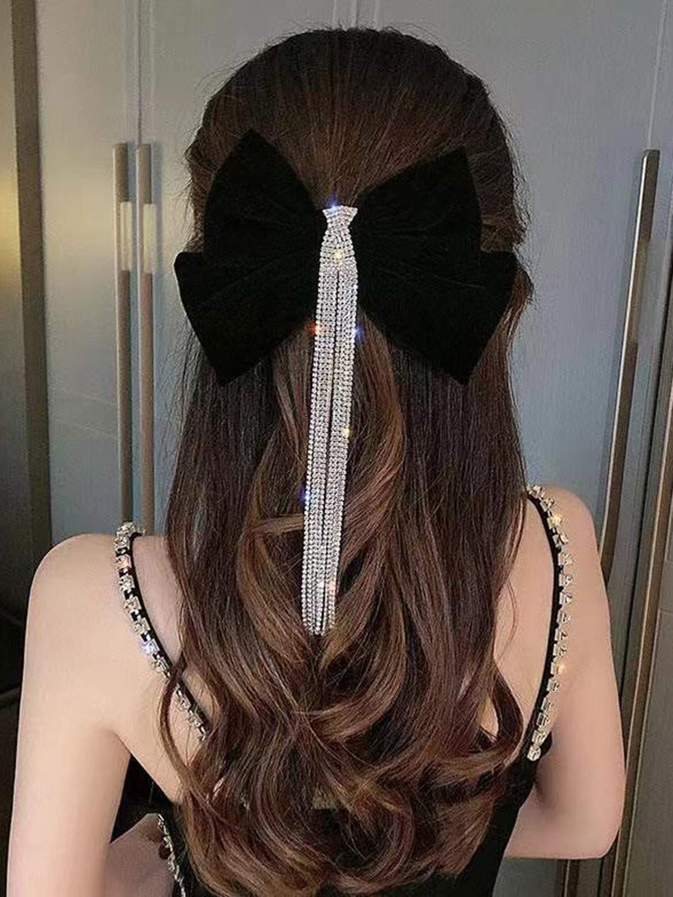 1pc Black Velvet Tassel Hair Clip With Rhinestone Butterfly Bow For Girls, Suitable For Prom, Par... | SHEIN